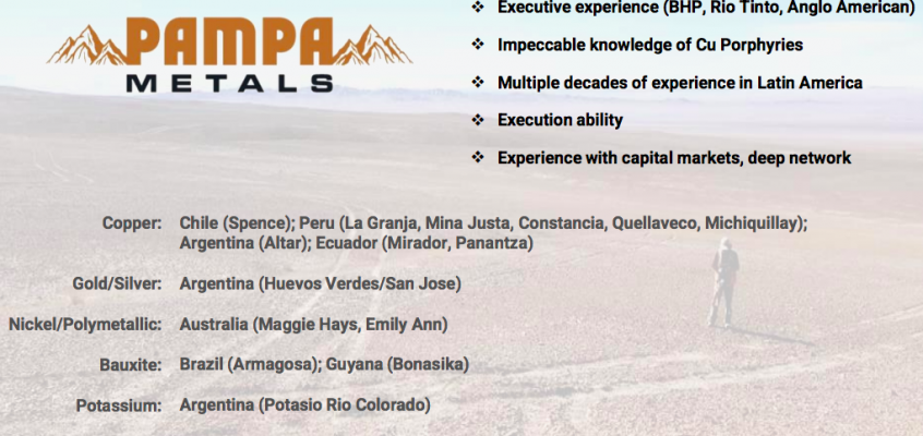 Pampa Metals; 8 properties / 59K ha, in best copper porphyry spot in the world