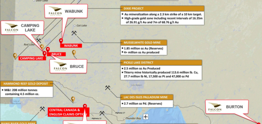 Falcon Gold Corp.; 5 Canadian projects, mostly Au, + / Cu, Co, Ni, Ag, Pd & Pt